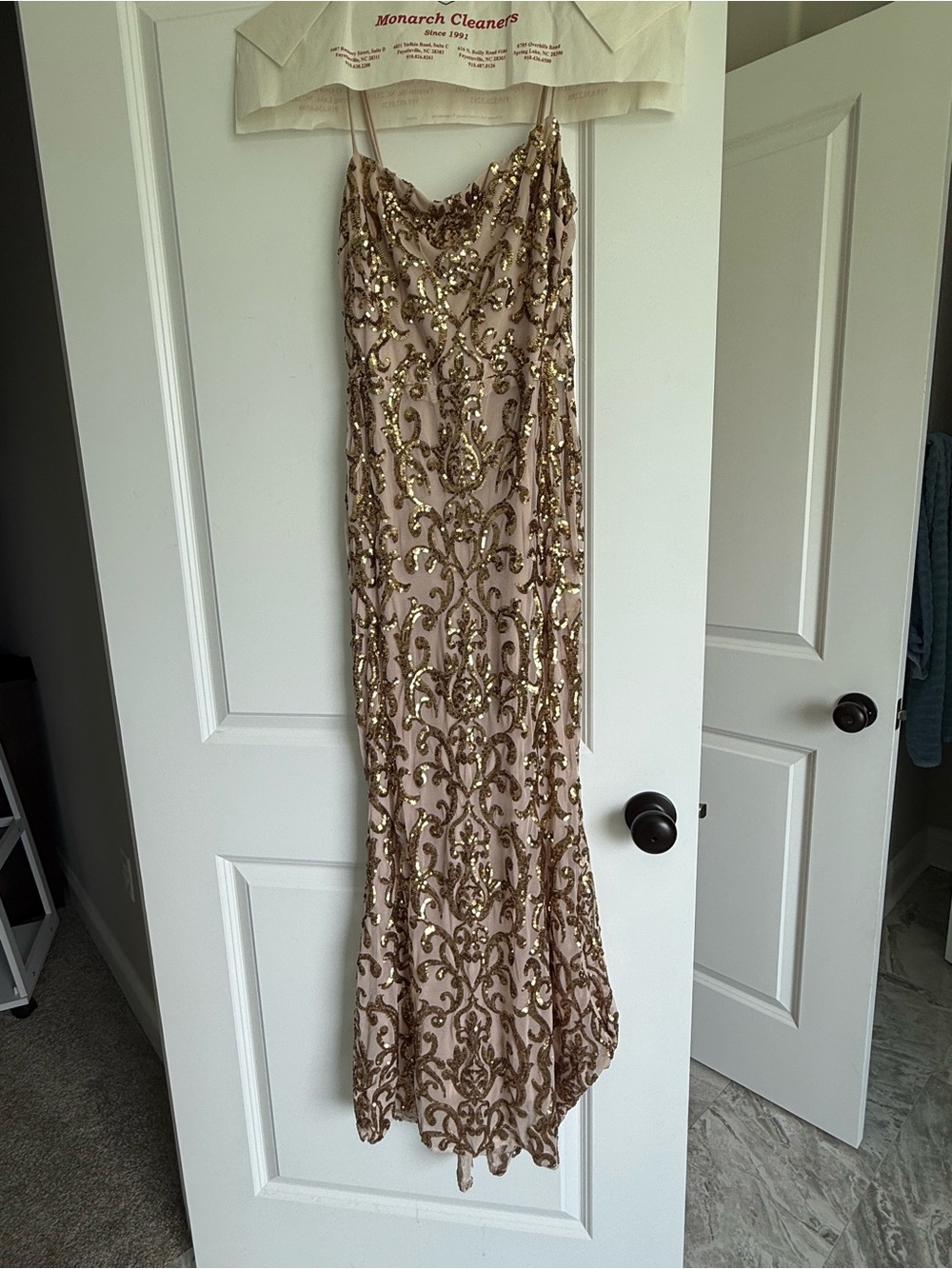 Windsor Champagne Beaded Sequin Column Evening Dress